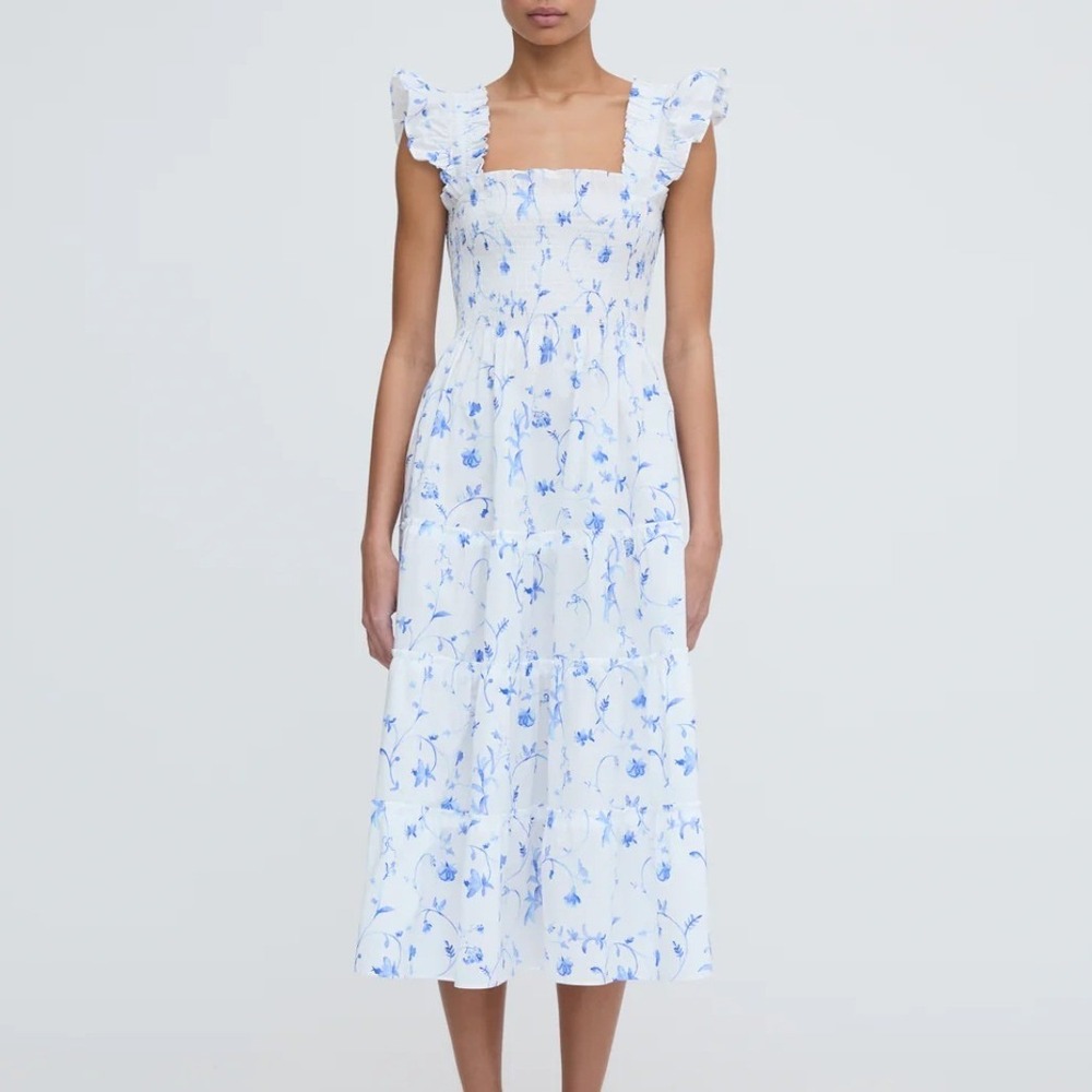 Hill House White Midi Dress with Blue Floral Print